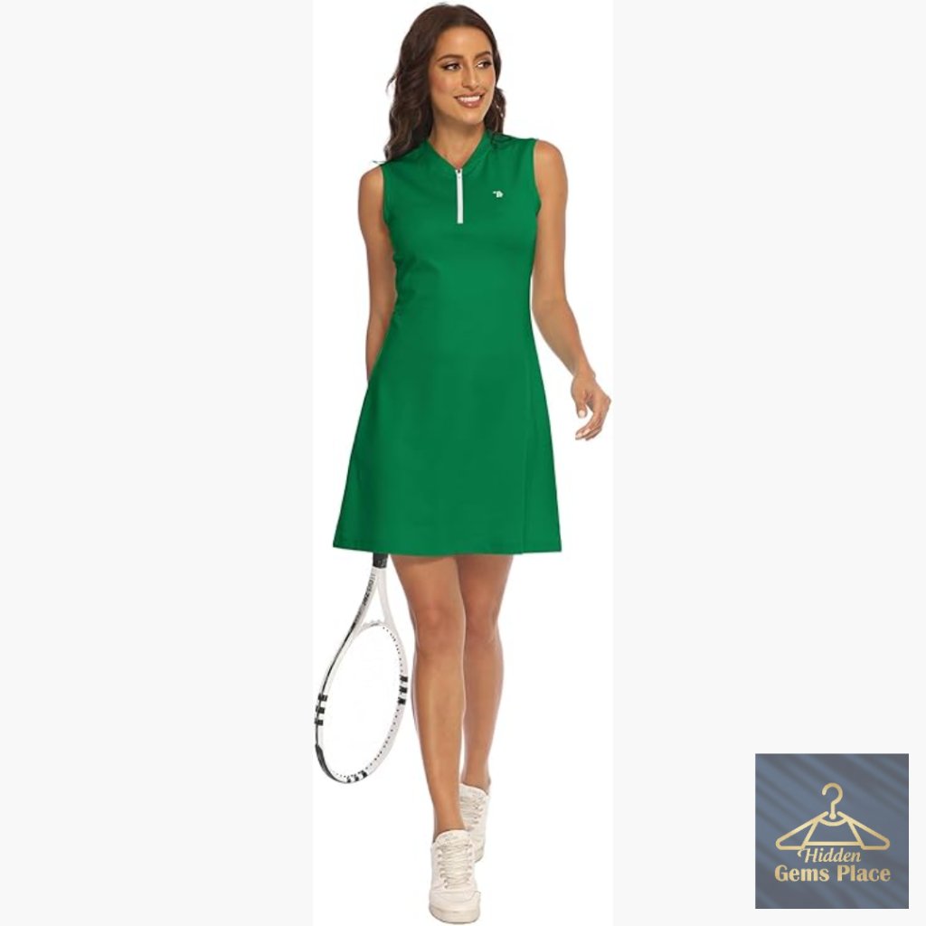 Sleeveless Zip-Up Tennis Dress Lightweight Activewear Midi Length